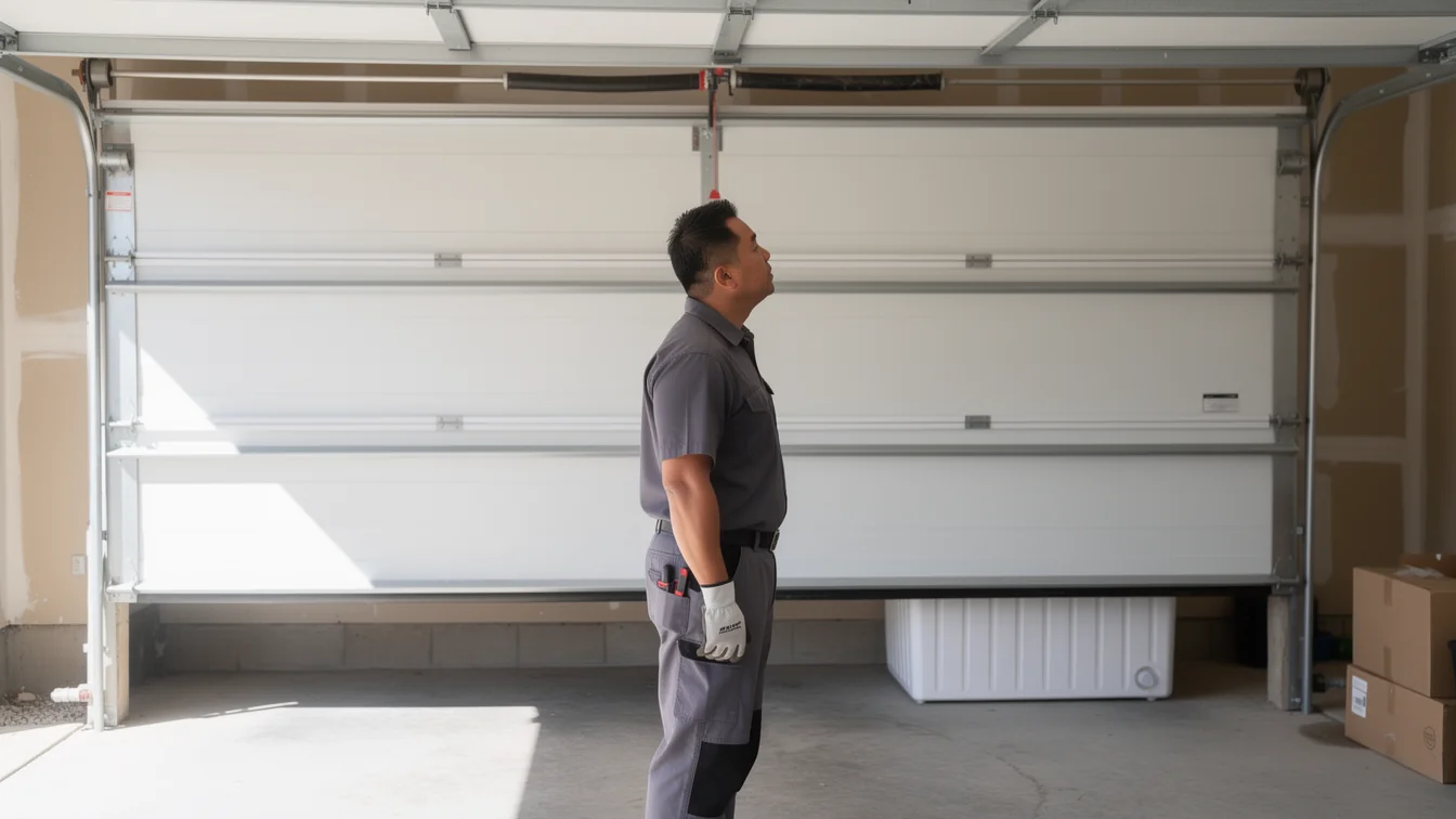 A technician in a gray uniform stands in a garage looking up at a white garage door.