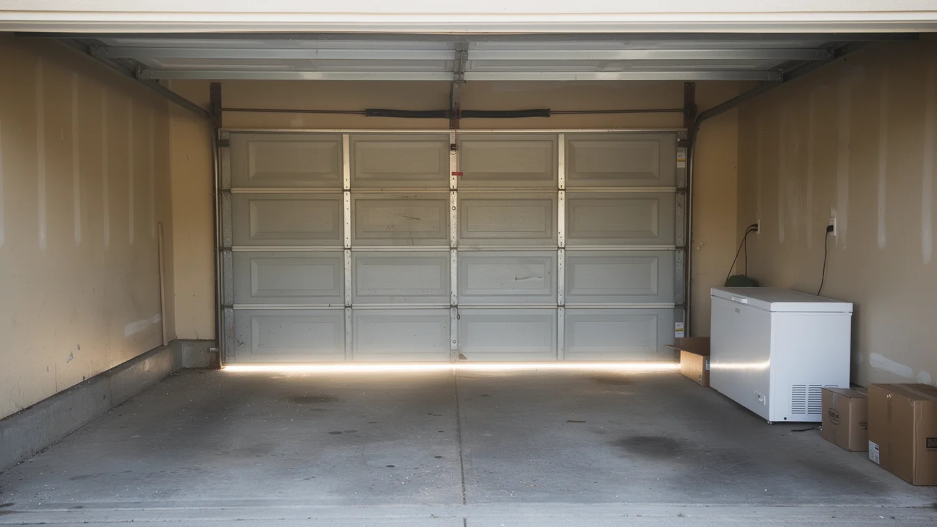 The garage door is closed, with a chest freezer and boxes on the right.