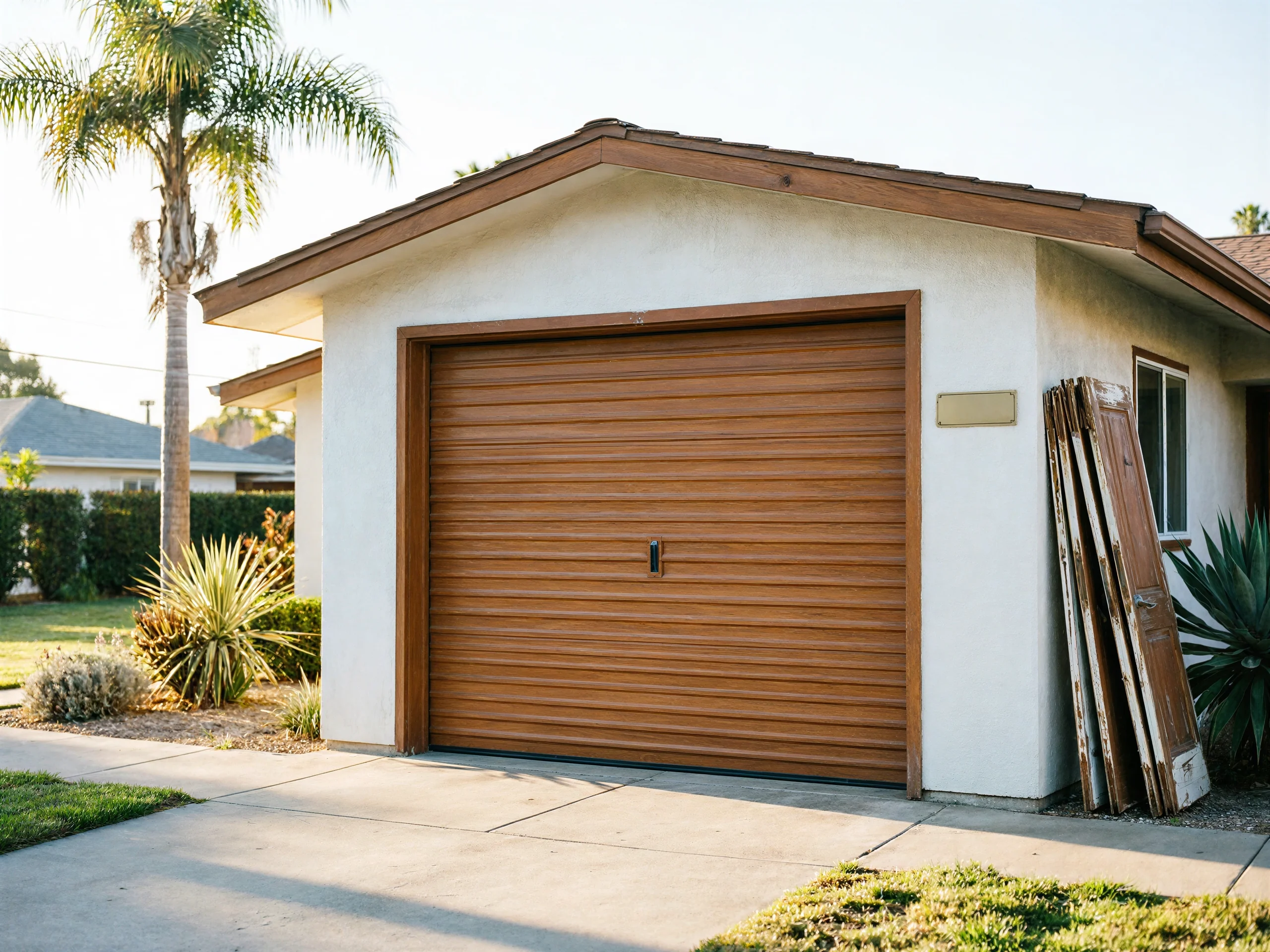 A brown garage door is on a white house with a palm tree.