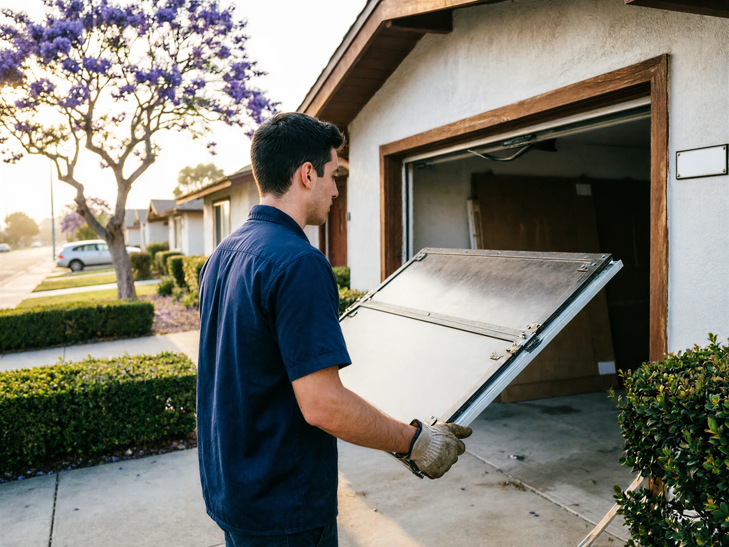 A technician carries a garage door panel toward an open garage.